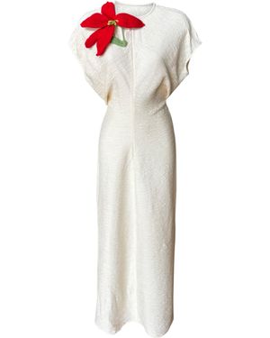 London Atelier Byproduct Neutrals Crinkled Long Dress With Crochet Flower - White