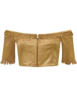 Why Mary Off The Shoulder Velvet Crop Top With 3/4 Sleeves - Natural