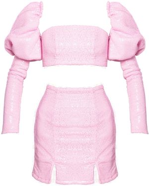 Ettie Sequin Puff Sleeve Crop Top And Mini Skirt Co-Ord - Pink