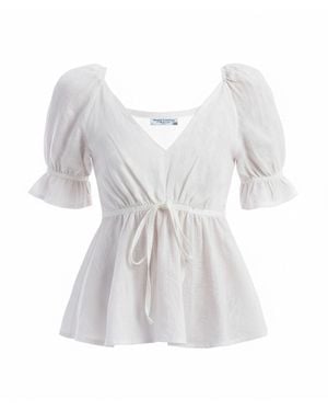 Haris Cotton Linen Peplum Top With Puff Sleeves - White