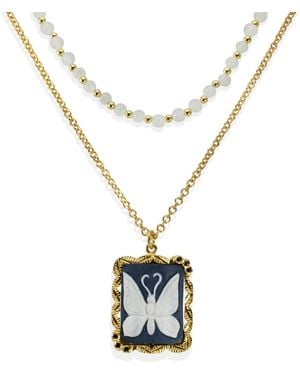 Vintouch Italy Butterfly Cameo & Moonstone Layered Necklace - Black