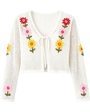 Yumi' Neutrals Ivory Crochet Embroidered Flower Bolero - White