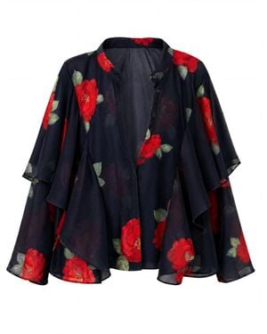 concept A trois Chiffon Blouse With Rose Print And Ample Ruffles - Blue