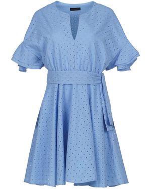 Conquista Sky Embroidered Dress With Ruffle Sleeves - Blue
