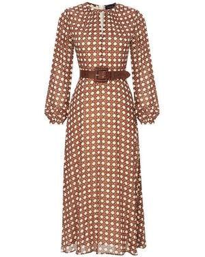 Exquise Belted Basket Patterned Chiffon Midi Alaina Dress – - Brown