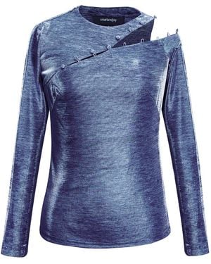 Smart and Joy Asymmetric One Off-Shoulder Shiny Top - Blue