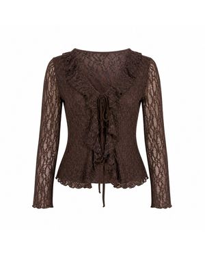 Yumi' Ruffle Lace Top - Brown