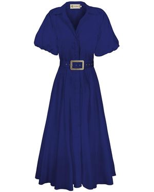 ALINA CERNĂTESCU Oman Midi Office Shirt Cotton Day With Puff Sleeves Dress - Blue