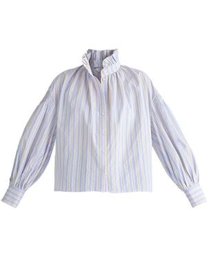 Paisie Striped Puff Sleeve Shirt With Ruffled Collar - Blue