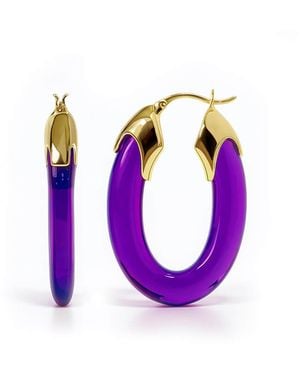 Gold & Honey Amethyst Carved Oval Lucite Birthstone Hoop Earrings - Purple