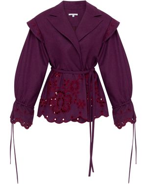 Annabo Burgundy Rose Eyelet Embroidered Wool Blazer - Purple