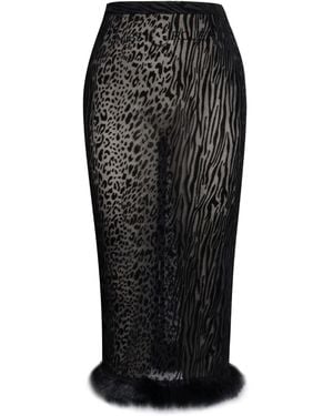 Miss Circle New York Halia Animal Print Burnout Velvet Fur Trim Skirt - Black