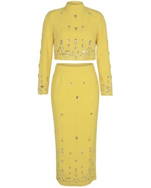 Modenaire Crystal Embellished Crop Top And Midi Skirt Co-Ord Set - Yellow