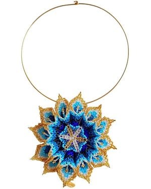 Iliana Arrazola Dahlia Flower Choker, Glass Beads, Beaded Jewellery - Blue