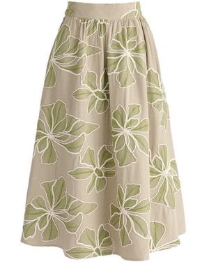 Paisie Floral Embroidered Midi Skirt - Natural
