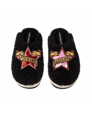Laines London Teddy Closed Toe Slippers With & Fucking Fabulous Brooches - Black