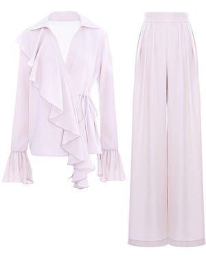 BLUZAT Neutrals Set With Ruffled Wrap Blouse And Wide Leg Pants - Purple