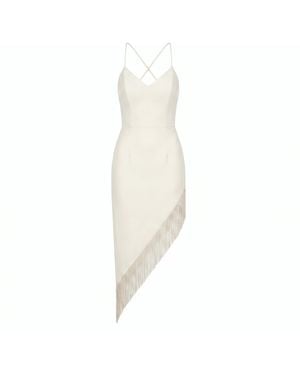 Nomi Fame Ondine Creamy Dress With Asymmetric Skirt And Beaded Fringes - White