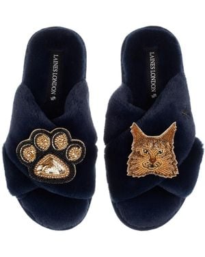 Laines London Classic Laines Slippers With Paw & Maine Coon Brooches - Blue
