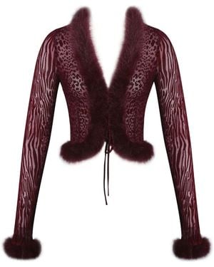 Miss Circle New York Hali Burgundy Animal Print Burnout Velvet Fur Trim Top - Red