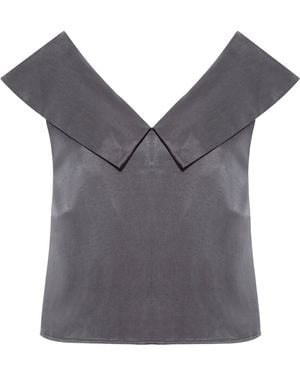Femponiq Off Shoulder Collared Crop Top - Gray
