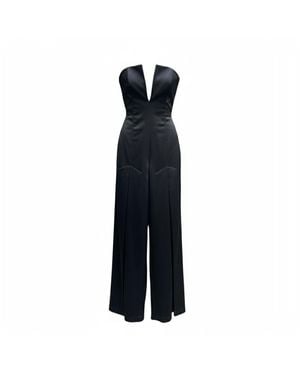 Imaatu Scarface Jumpsuit Sculpting Satin Corset Extreme V-Neckline Wide Leg Trousers Tie - Black