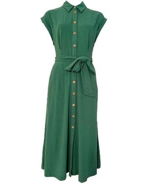 Louche Reese Linen Mix Button Through Midi Shirt Dress - Green