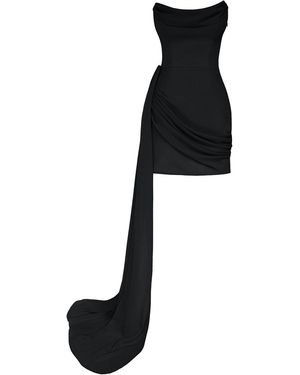 POST MERIDIEM Corset Draped Chiffon Train Mini Dress - Black
