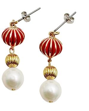 Farra Bamboo Coral Freshwater Pearls Dangle Earrings - Red