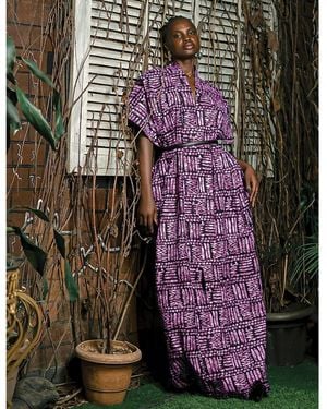 Chuks Collins Ajah Collection: Peach Print Long Dress - Purple