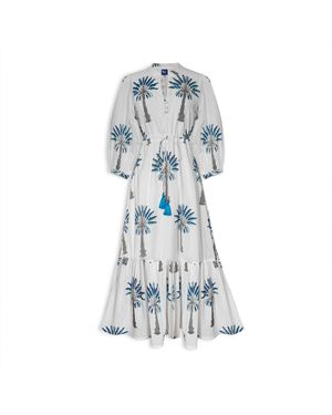 Pick Happy Mermaid Maxi Dress Palm Tree Fully Lined Handblock Cotton - Blue