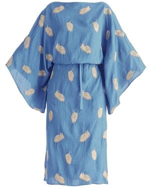 Paisie Leaf Embroidered Kimono Sleeves Midi Dress - Blue