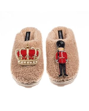 Laines London Neutrals Teddy Closed Toe Slippers With Royal Crown & Grenadier Guard Brooches - Brown