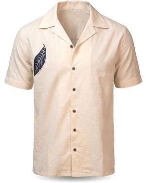 Stovaria Camp Collar Half Sleeve Organic Cotton Shirt With Leaf Appliqué - Natural