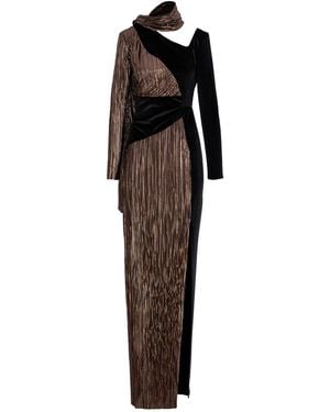 concept A trois Long Plissé Bronze & Velvet Dress With Scarf - Black