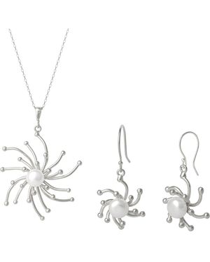 Spero London Pearl Sun Molten Dripping Sunburst Sterling Pendant Necklace & Drop Earring Set - Metallic