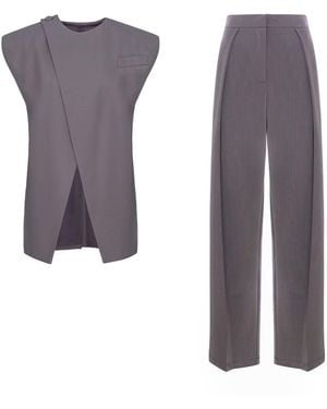 BLUZAT Set With Vest And Pleated Pants - Purple