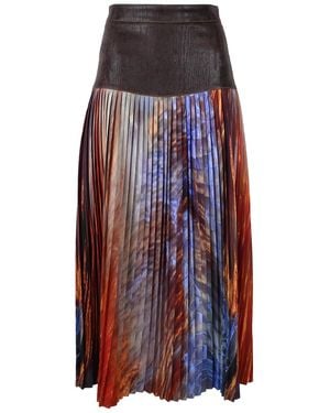 Lalipop Design Pleated Midi Skirt With Wood-Textured Suede Feel Vegan Leather Waist - Brown