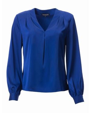 Carloslines V-Neck Pleat Detail Balloon Long Sleeve Blouse - Blue