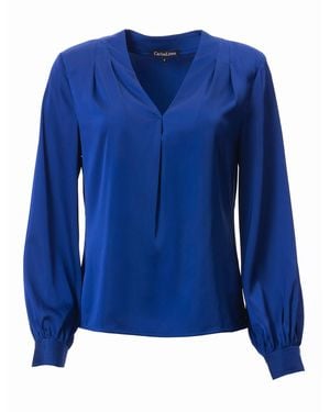 Carloslines V-Neck Pleat Detail Balloon Long Sleeve Blouse - Blue