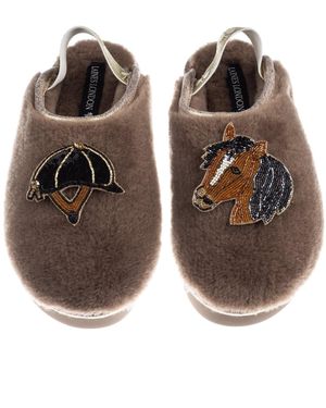 Laines London Neutrals Flatform Cloud Closed Toe Slippers With Riding Hat & Horse Brooches - Brown