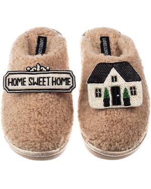 Laines London Neutrals Teddy Closed Toe Slippers With Home Sweet Home Brooches - Brown