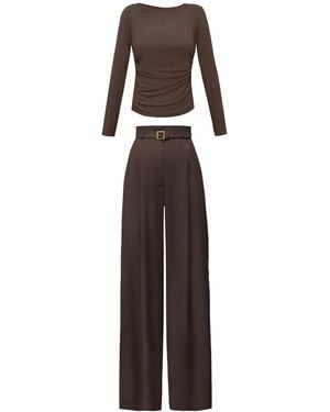 ALINA CERNĂTESCU Damaris Set Fitted Draped Wool Blouse & Tailored Trousers Set With Included Fabric Belt - Brown
