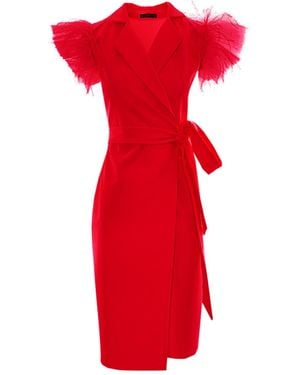 concept A trois Short Wrap Blazer Dress With Winged Tulle Sleeves - Red