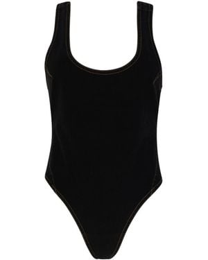 Circular Path Scoop Neck Criss Cross Bodysuit Top-Swimsuit - Black