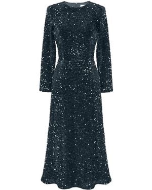 POST MERIDIEM Aquamarine Sequin Decorated Velvet Long Sleeve Midi Dress - Blue