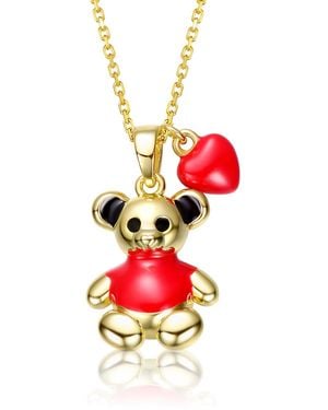 Genevive Jewelry 14K Plated With & Enamel Teddy Bear & Heart Pendant Necklace For Kids - Red