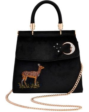 Fable England Deer & Moon Embroidered Velvet Tote - Black