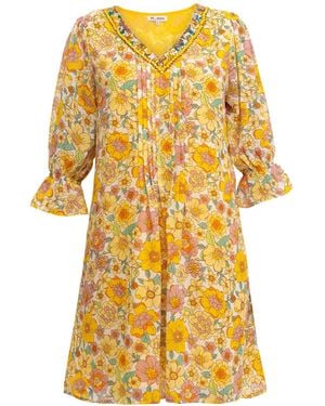 Niza Printed Short Dress With Embroidery - Yellow