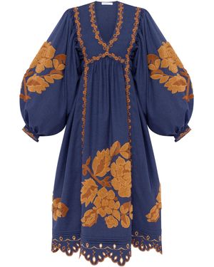 Annabo Amber Rose Embroidered Wool Midi Dress - Blue